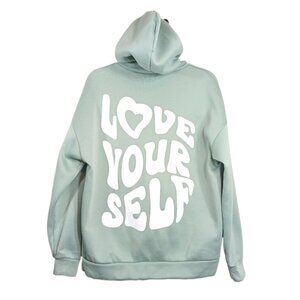 SHEIN Love Yourself Hoodie Womens Medium Green Chunky Hooded Sweatshirt